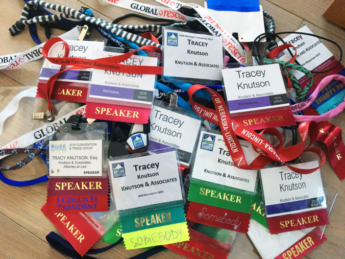 Pile of Tracey's name tags from various conferences.